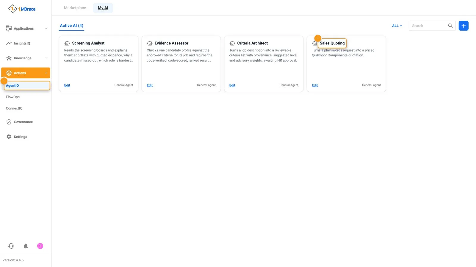 AgentIQ Active AI tab listing the organisation&#x27;s agents