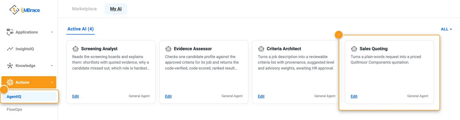 AgentIQ Active AI tab, one agent per card