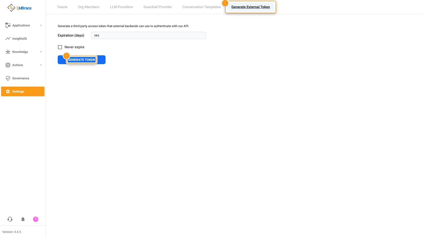 Settings Generate External Token tab with the expiration field and Generate Token button