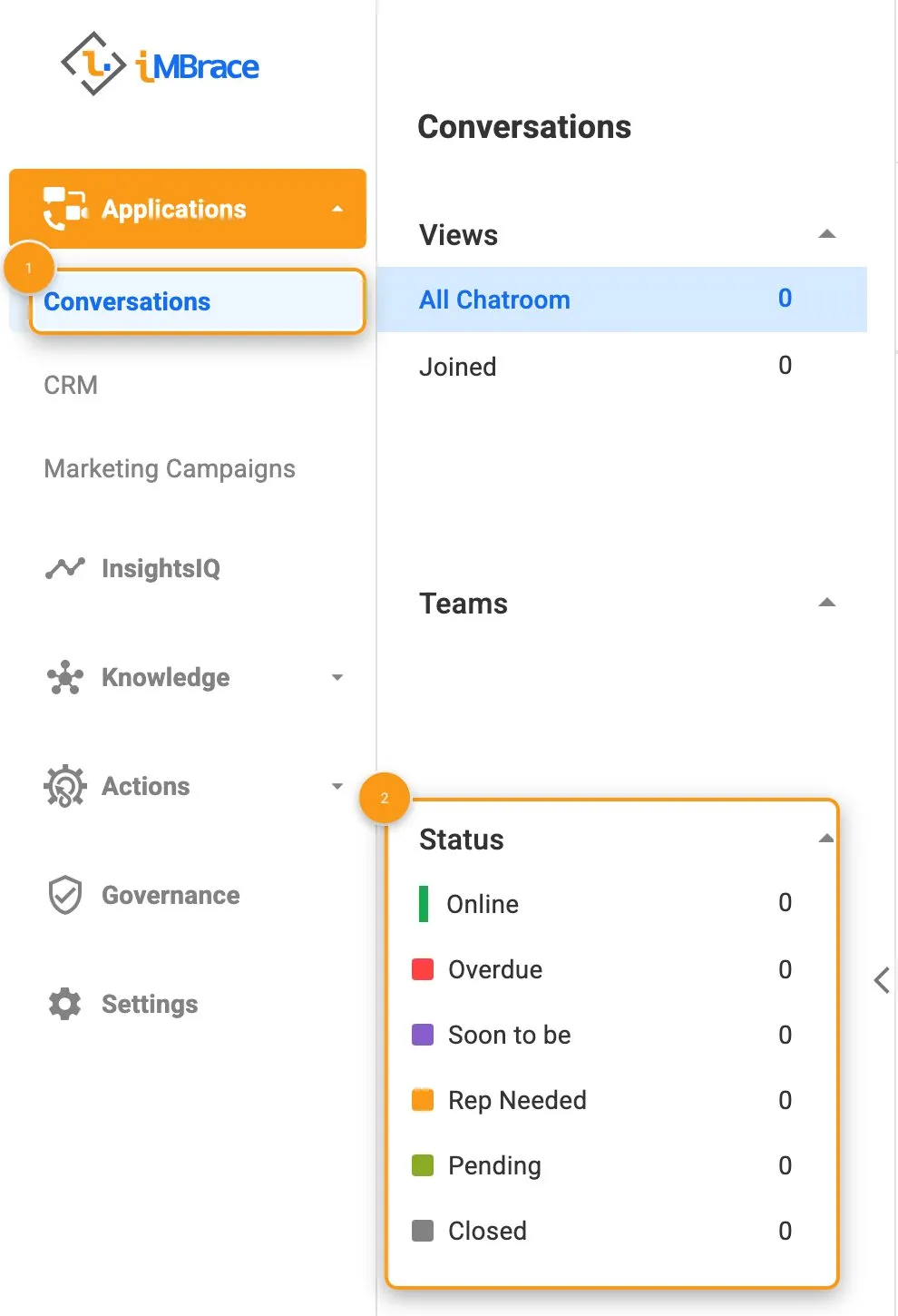 Applications sidebar showing the Conversations inbox and its status filters