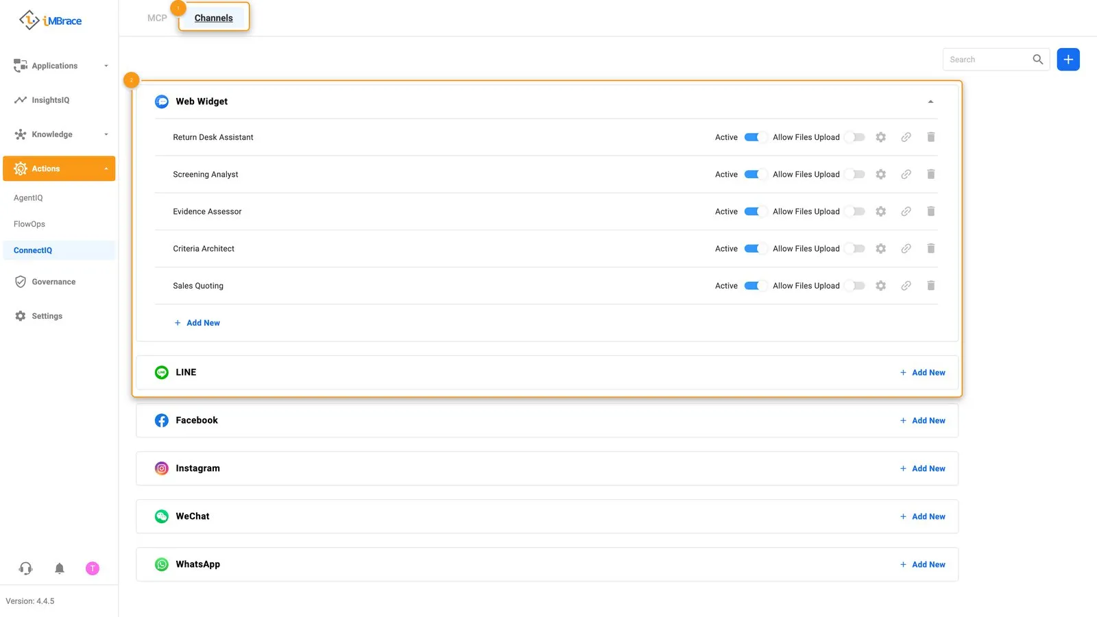 ConnectIQ Channels tab listing the Web Widget and messaging channels