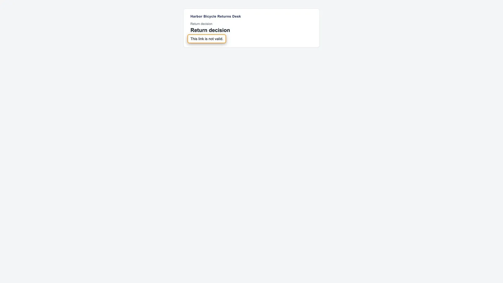 The confirm page opened with no link: one plain sentence and no button