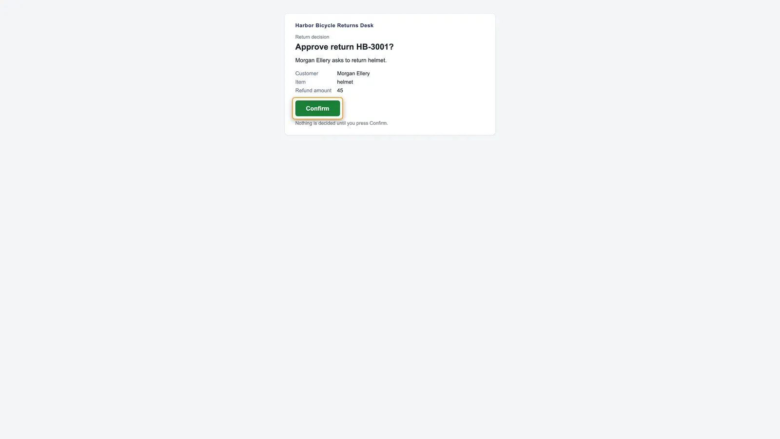 The confirm page reached from the Approve button