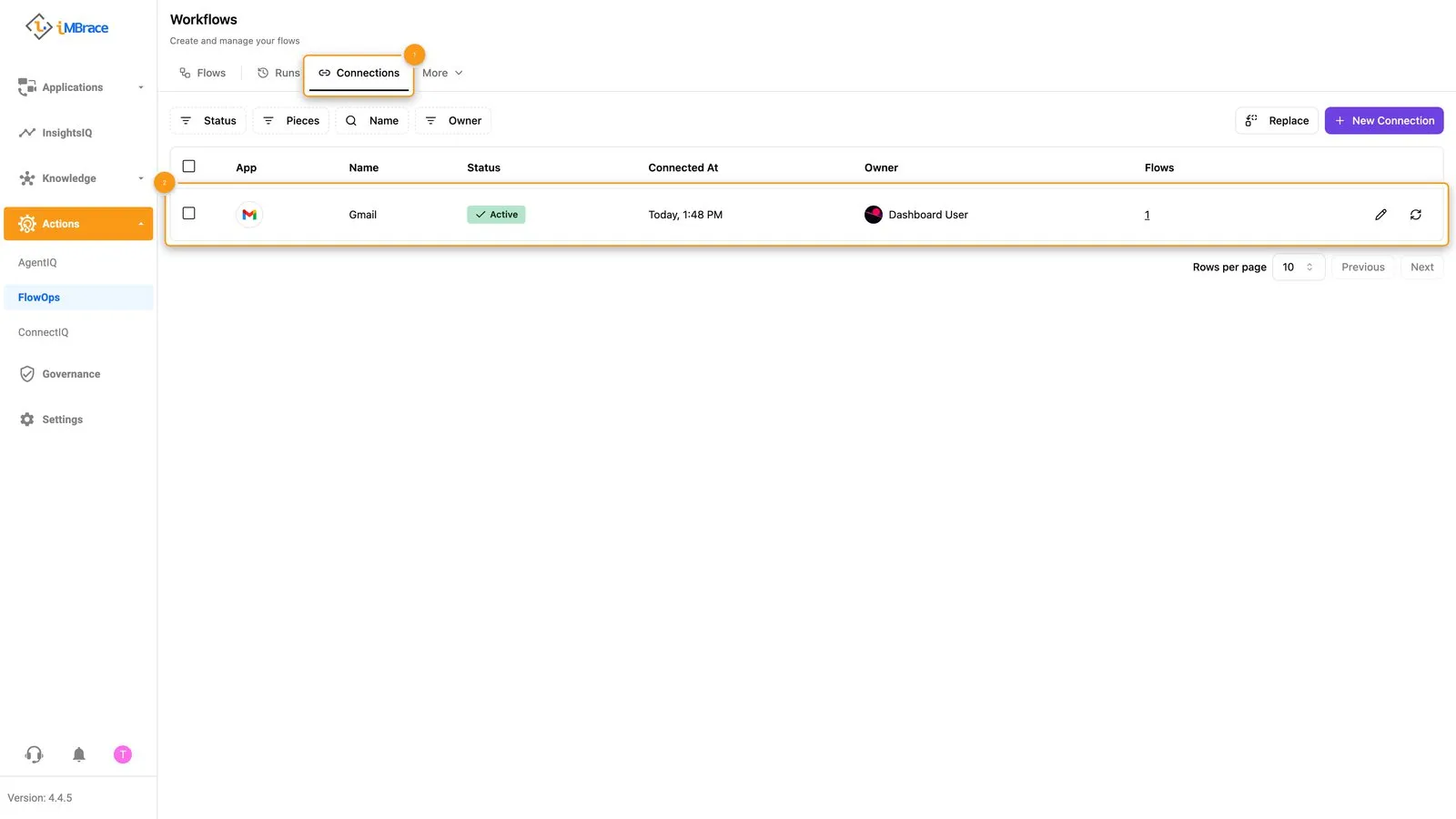 FlowOps Connections list showing one connection named Gmail