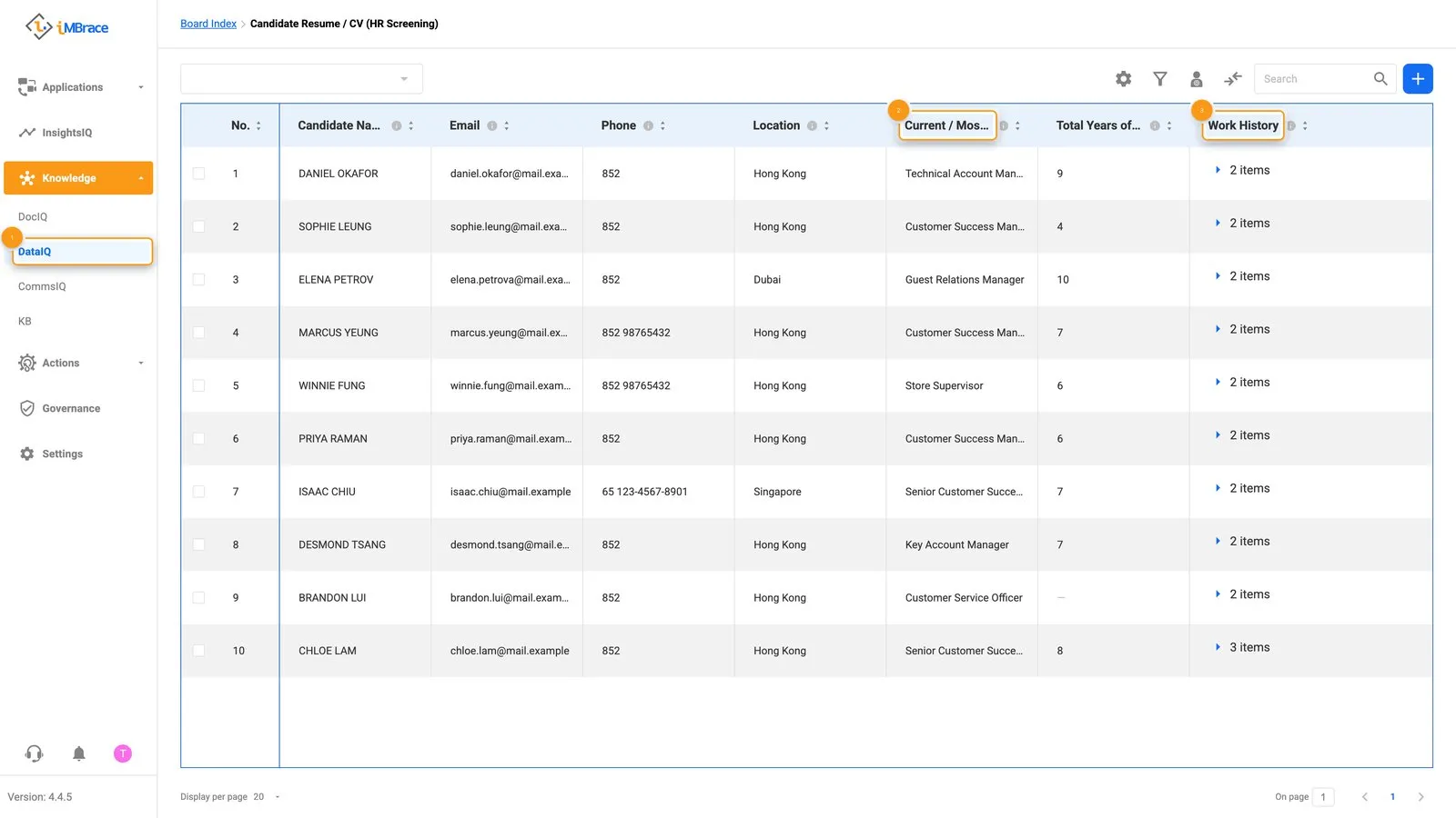 A CV landed as its own DataIQ record, with identity fields and Work History read out as structured fields
