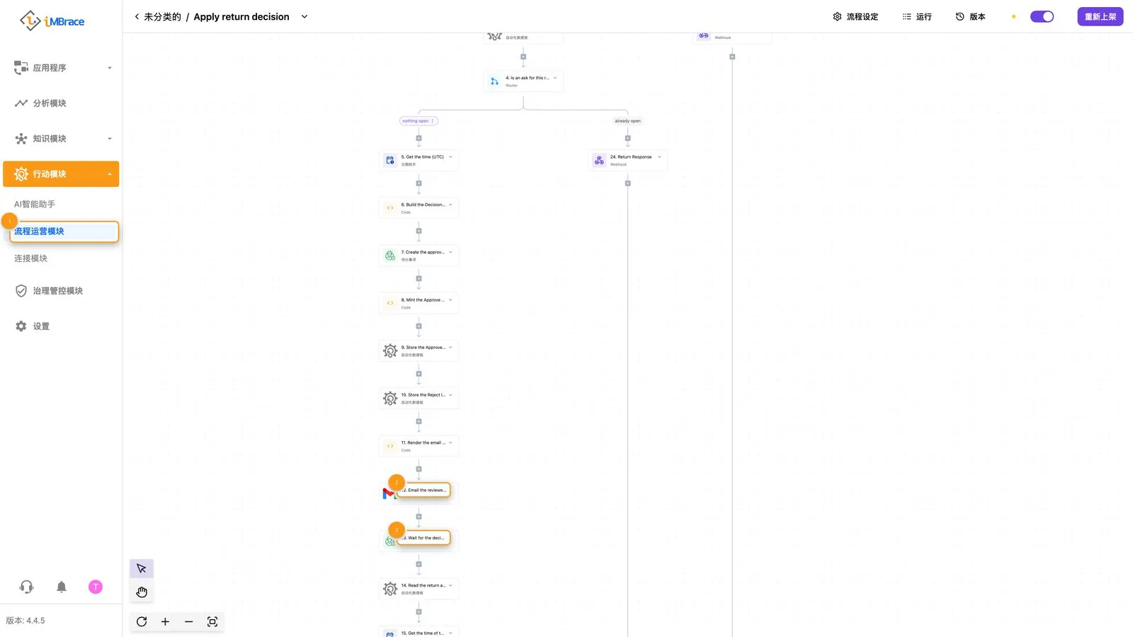 Apply return decision 工作流程：给审核人发邮件的步骤，然后是等待的步骤