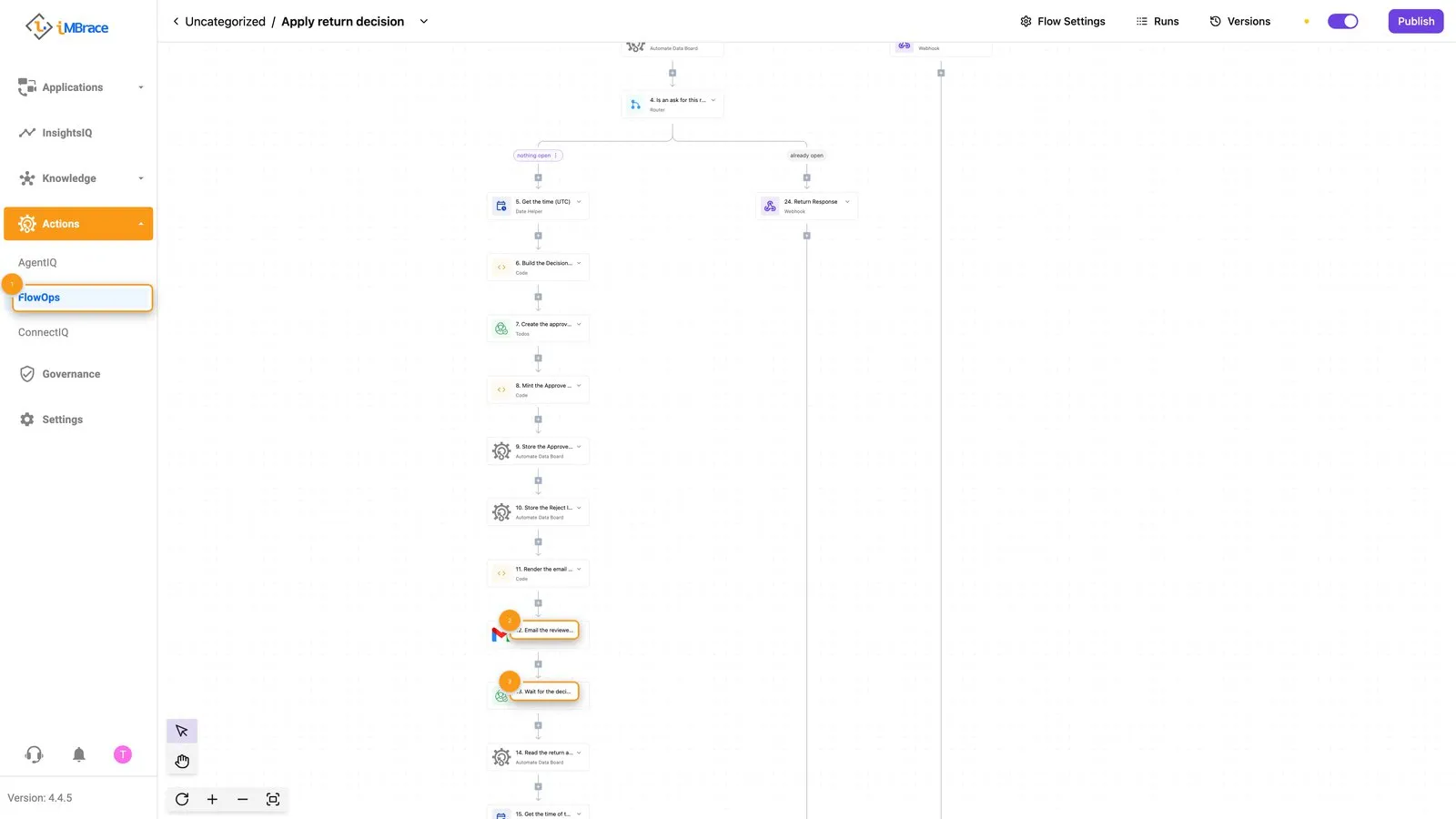 Apply return decision workflow: the step that emails the reviewer, then the step that waits