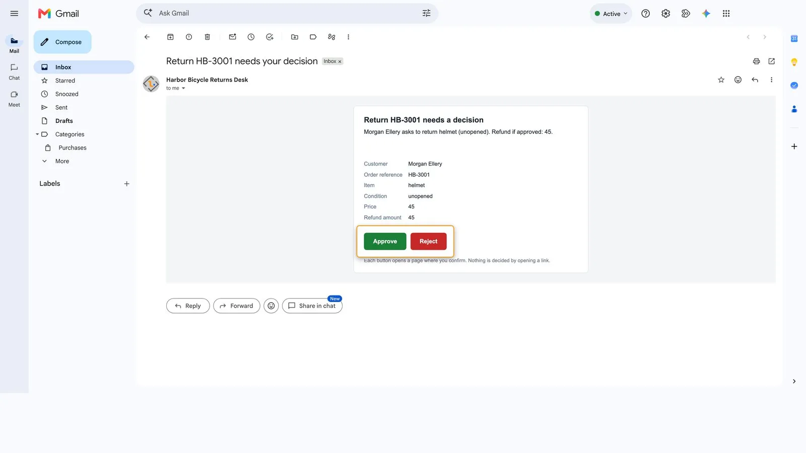 The reviewer&#x27;s email with its Approve and Reject buttons