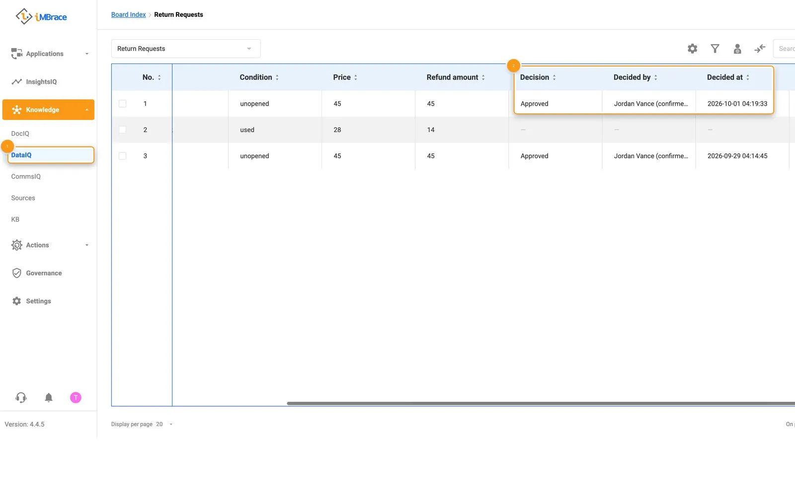 Return Requests scrolled to Decision, Decided by and Decided at, written by the run
