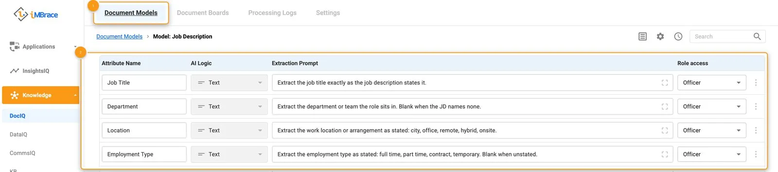 DocIQ Document Models tab, one model&#x27;s extraction fields