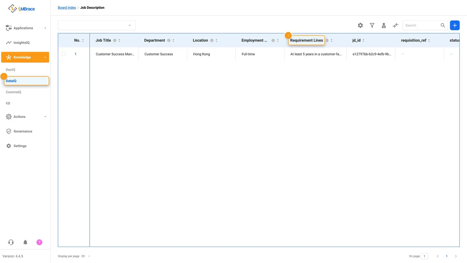 A Job Description record in DataIQ with its requirement lines extracted as a field