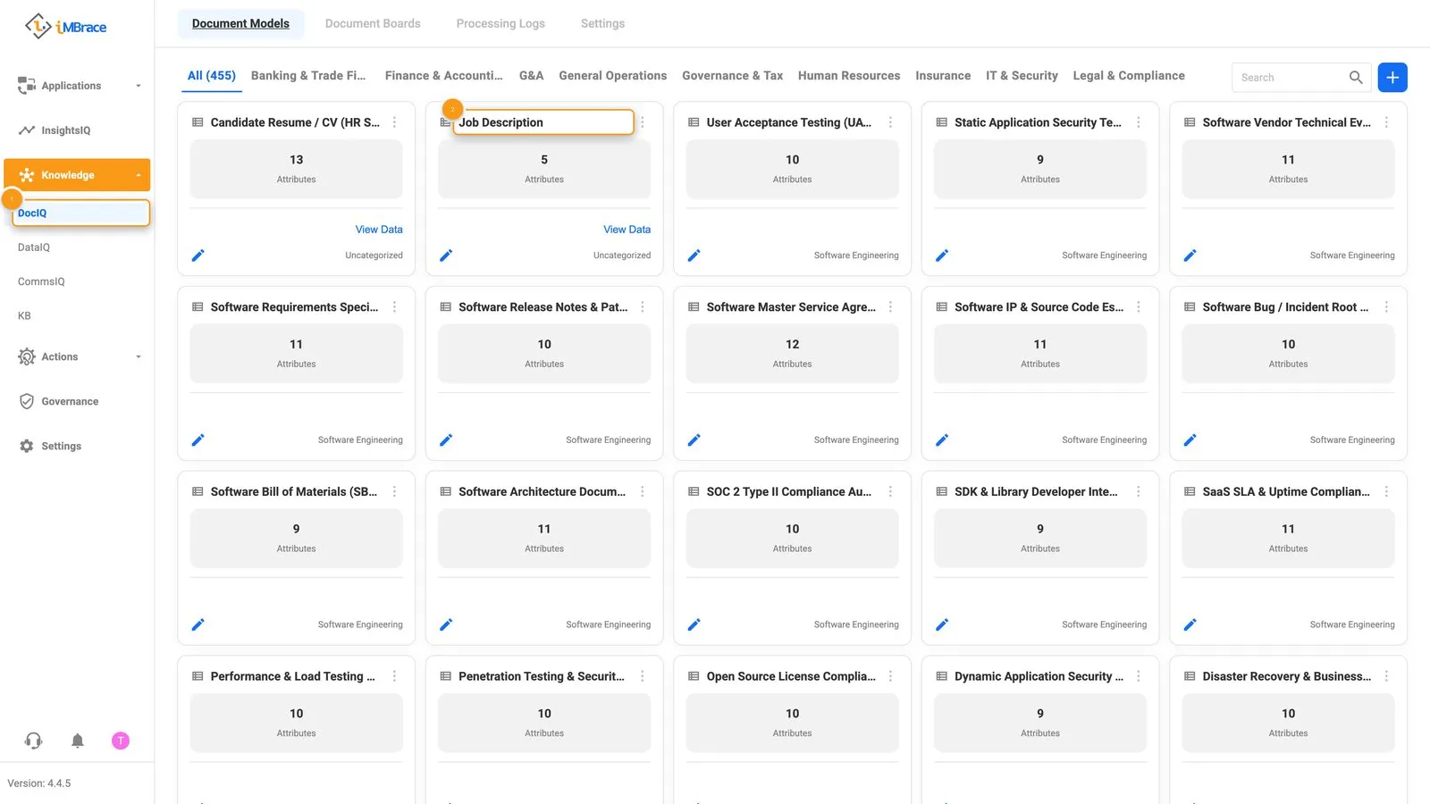 DocIQ Document Models tab with its category strip
