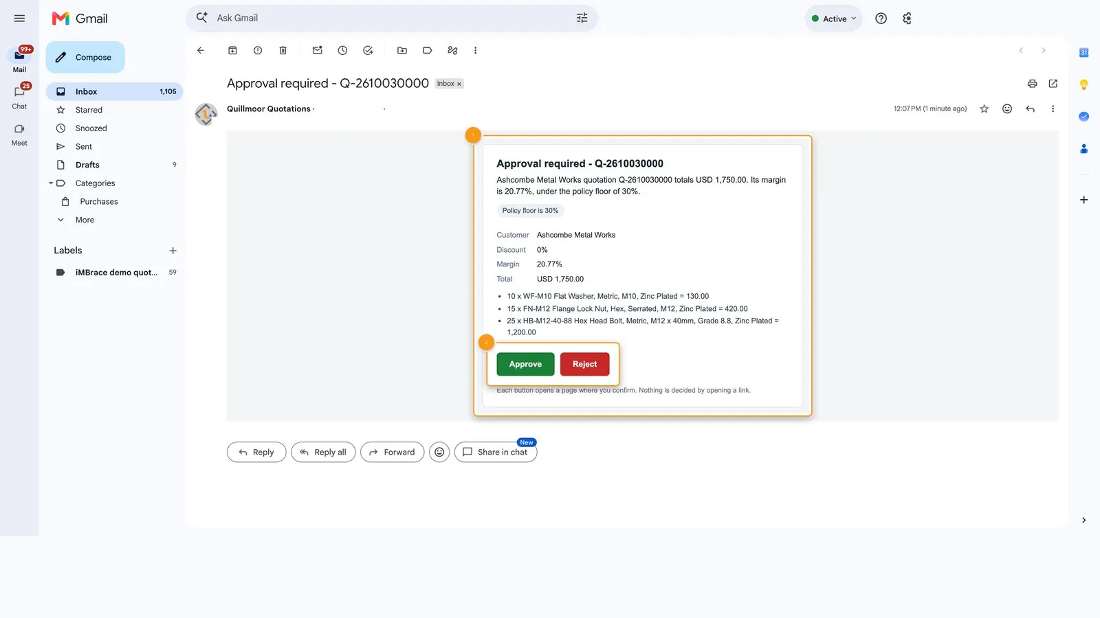 The manager&#x27;s approval email: a card with the customer, discount, margin, total and policy floor, and Approve and Reject buttons