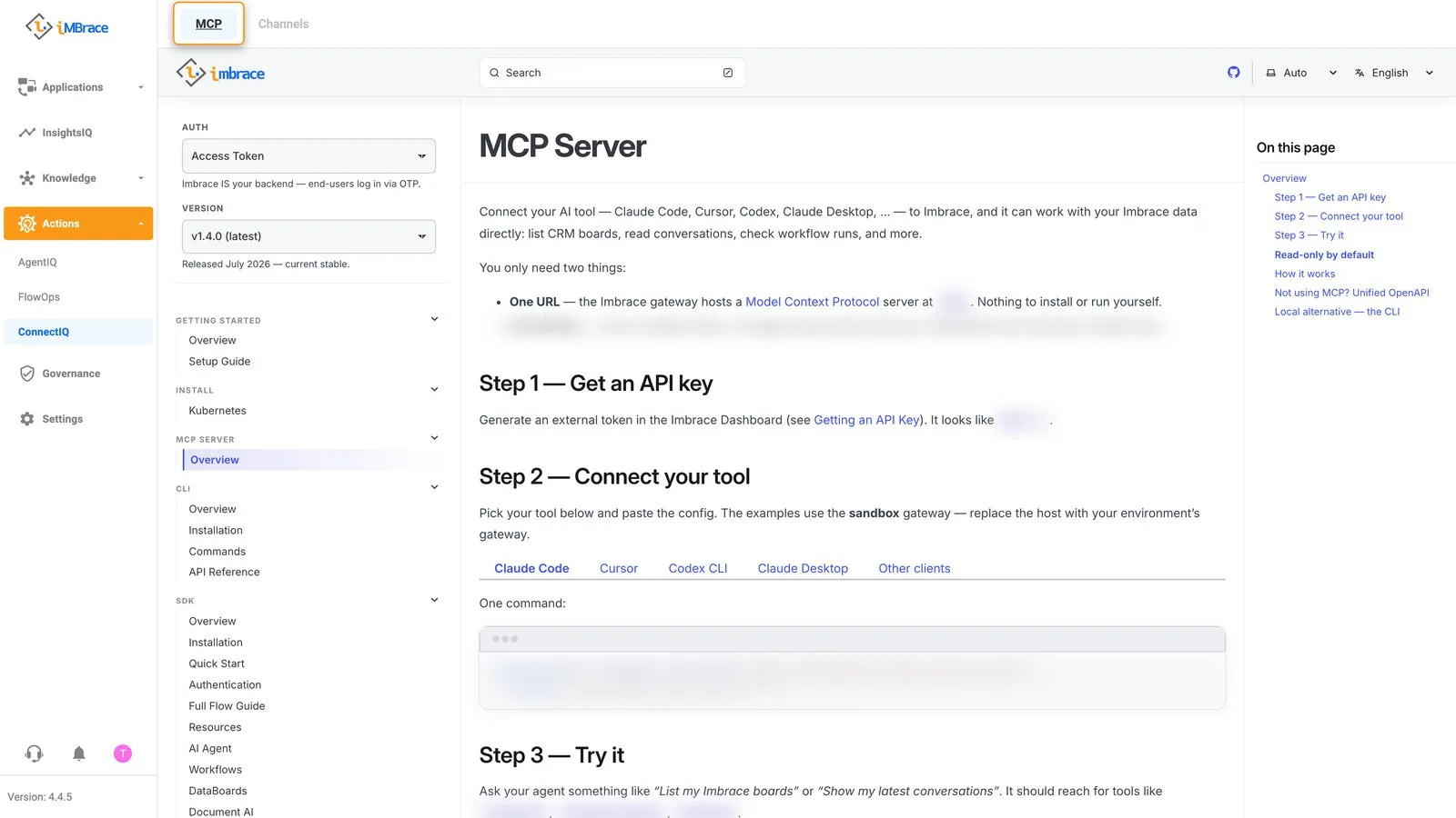 ConnectIQ MCP tab opening the MCP connection guide
