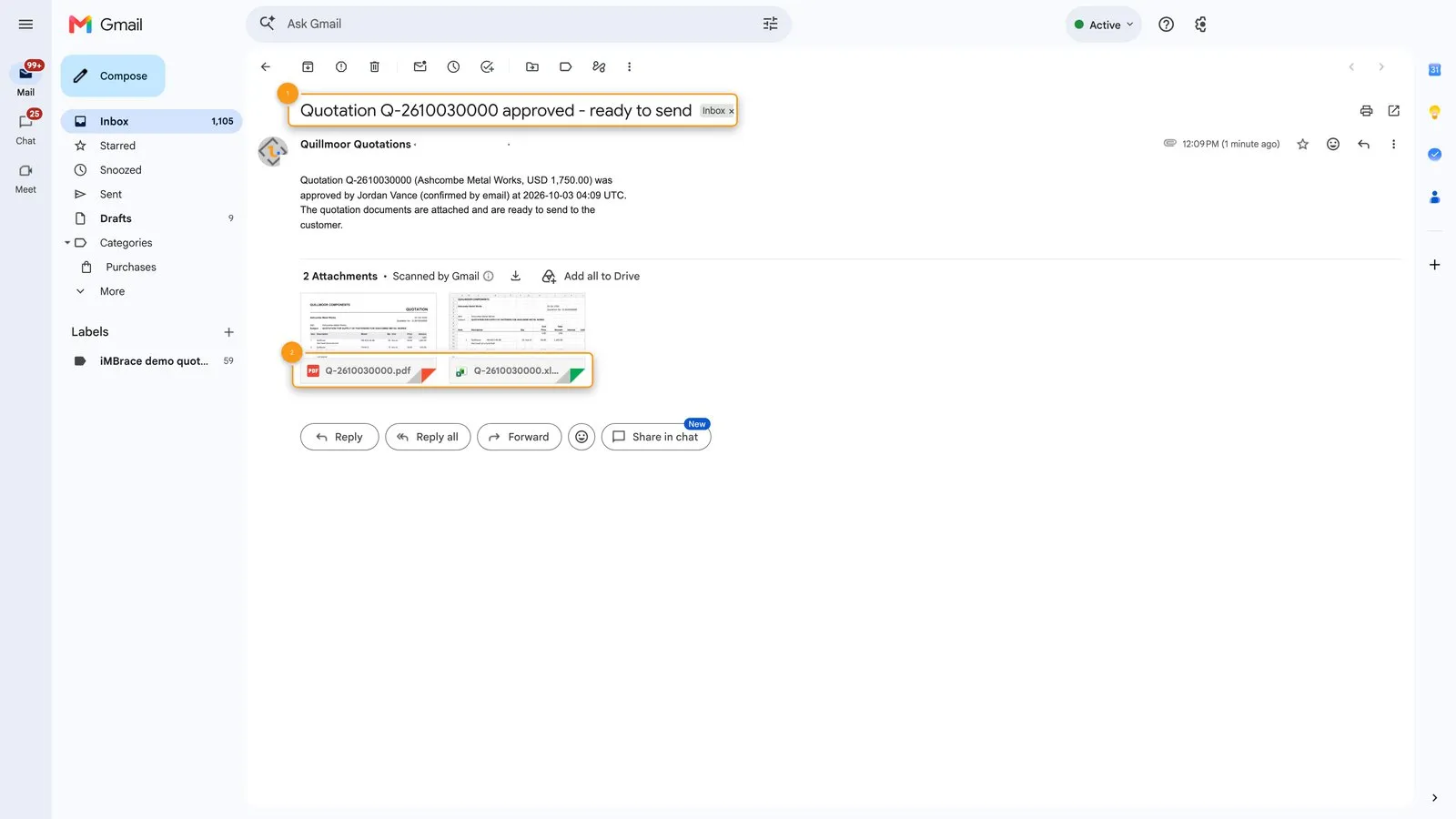 The requester&#x27;s email: the quotation approved and ready to send, with a PDF and an Excel file attached