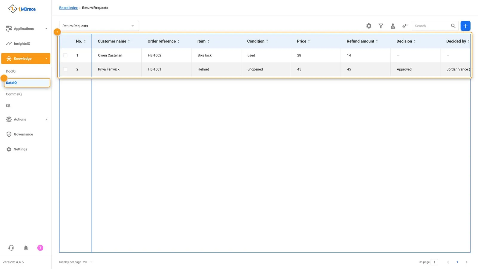 Return Requests board open, showing its columns and two rows