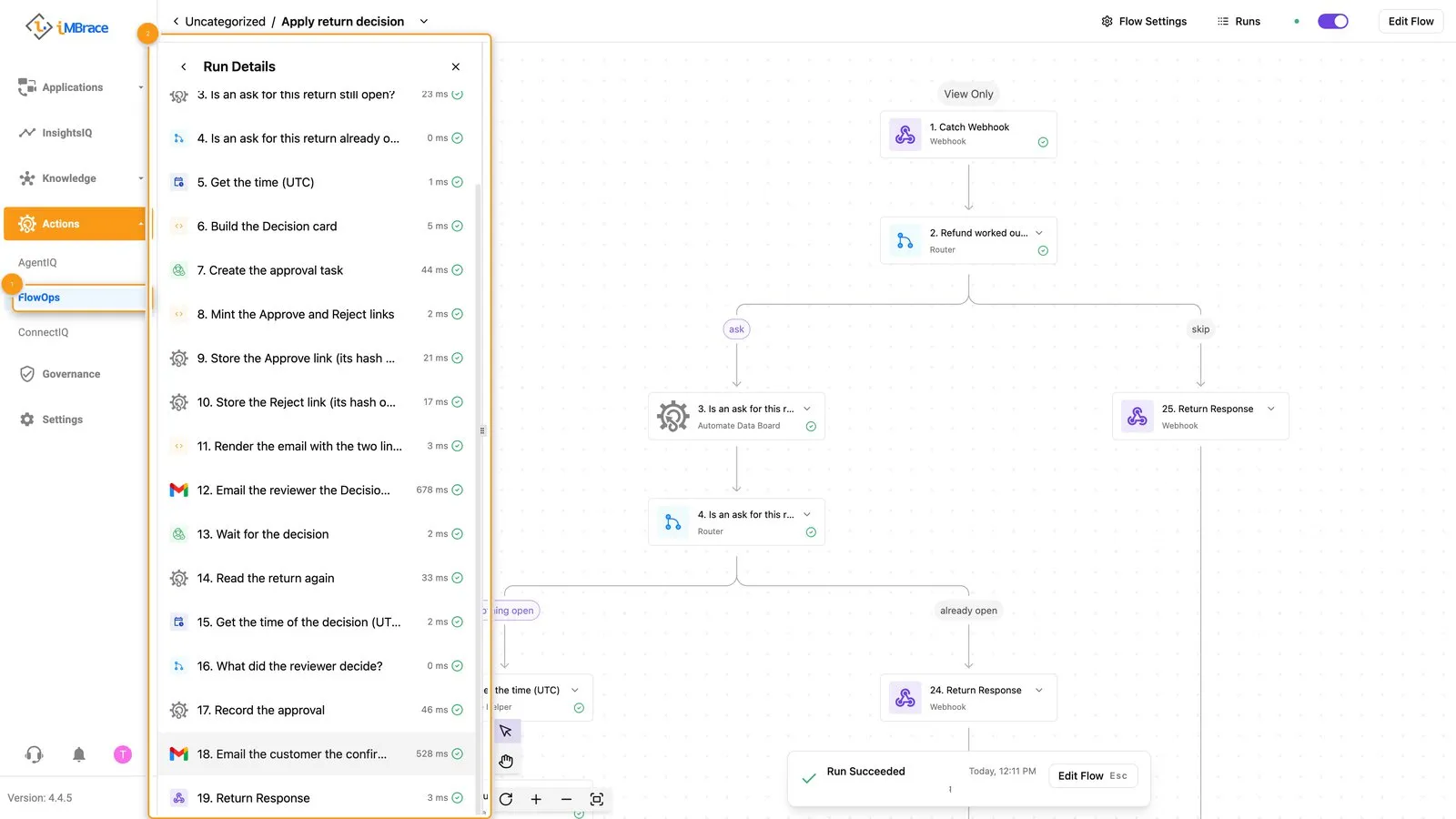 The same run of Apply return decision, finished, with its two Send Email (Gmail) steps marked succeeded