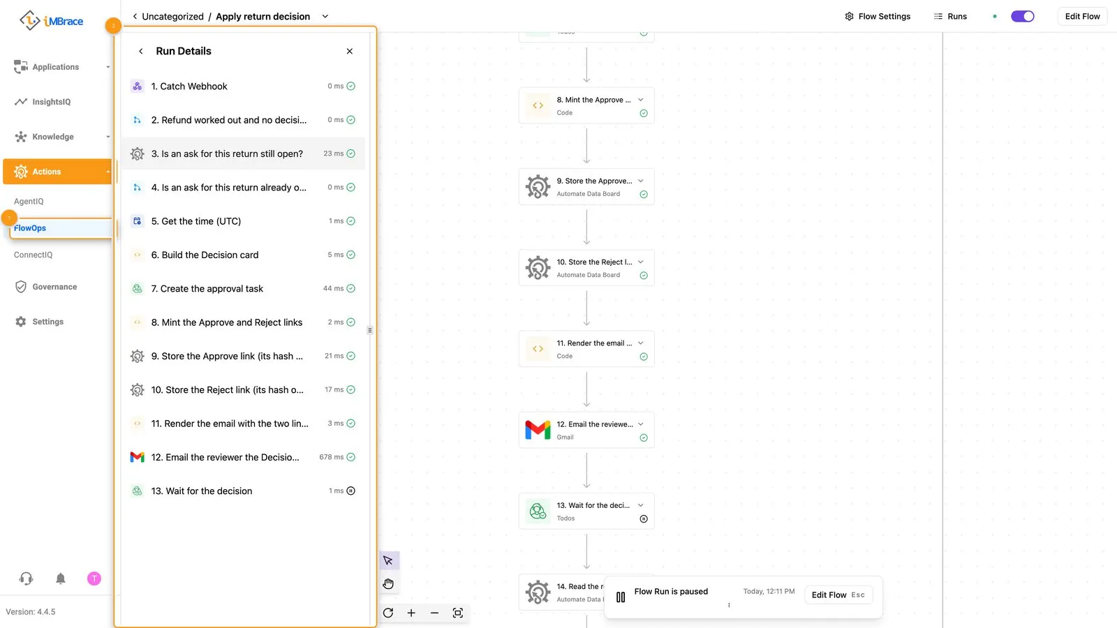Apply return decision run history: the new run is paused