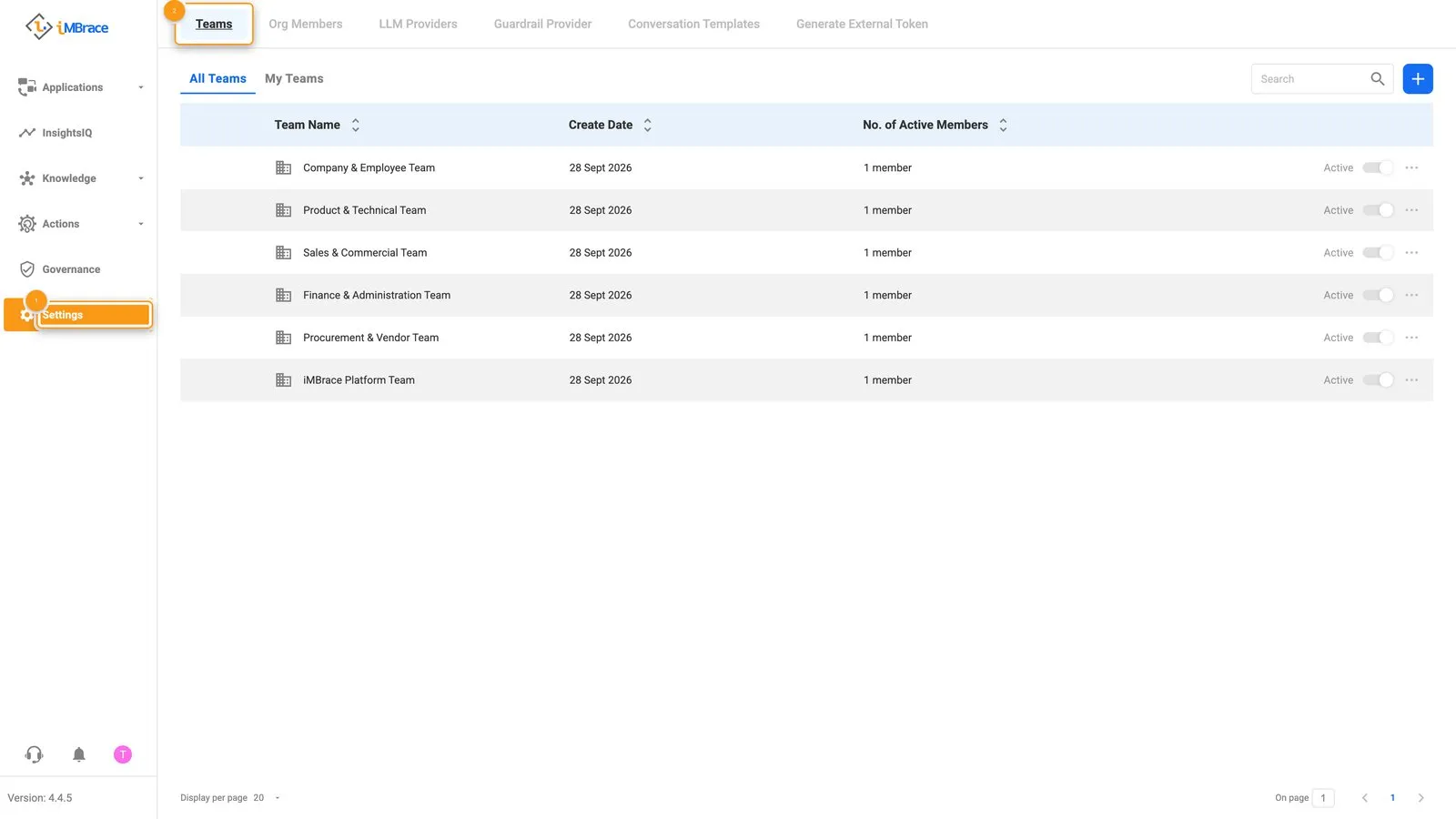 Settings Teams tab showing All Teams and My Teams