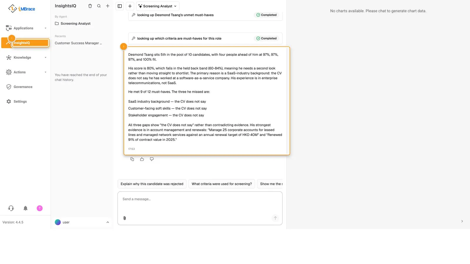 InsightsIQ&#x27;s answer explaining one candidate&#x27;s rank, with the CV gap behind it
