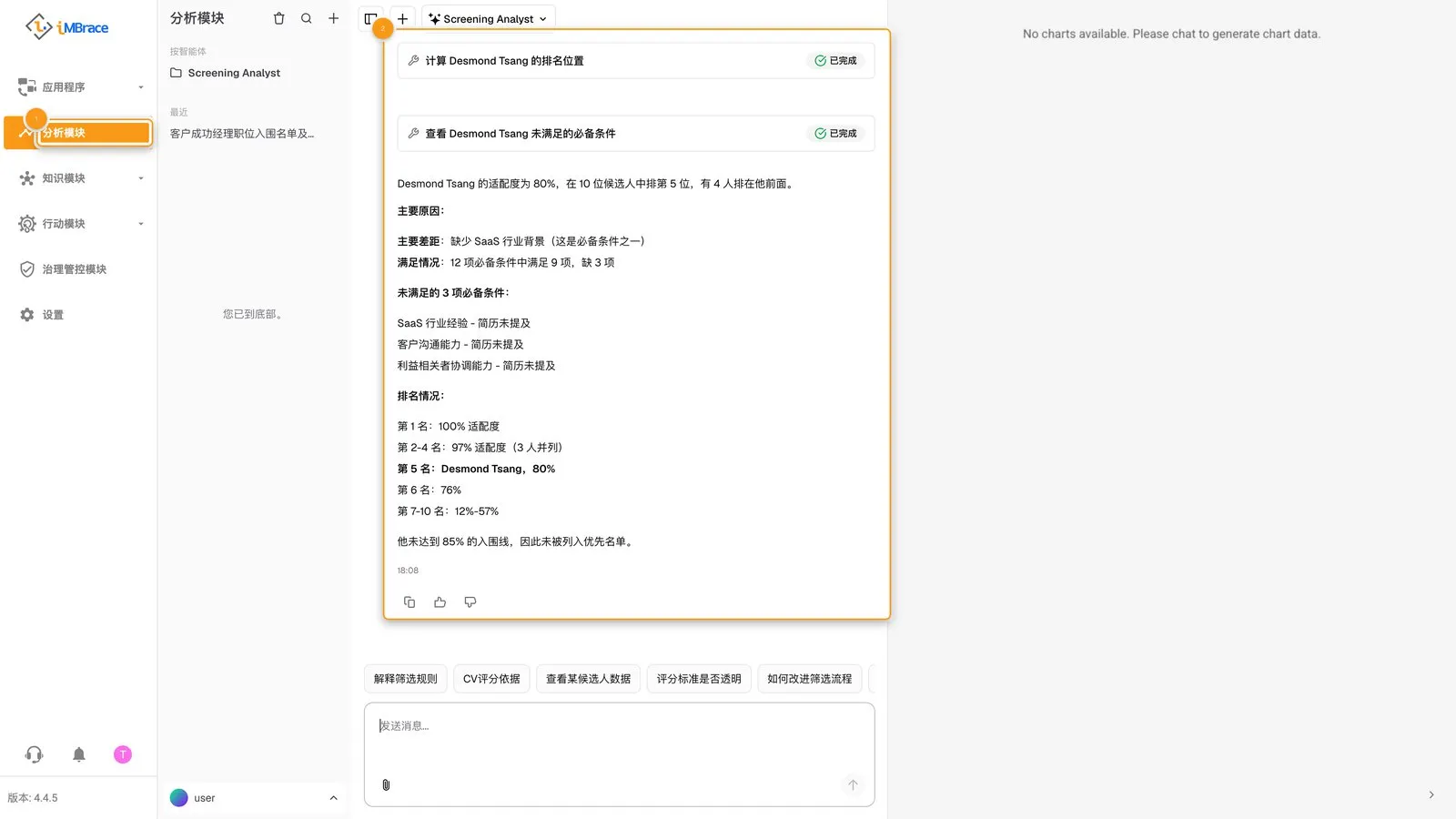 InsightsIQ 的回复，说明某候选人的排名与其简历缺口
